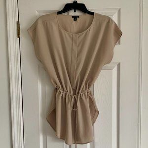 Tie Waist Peplum Blouse. Concealed Button Down Front (Beige Tan Size M)